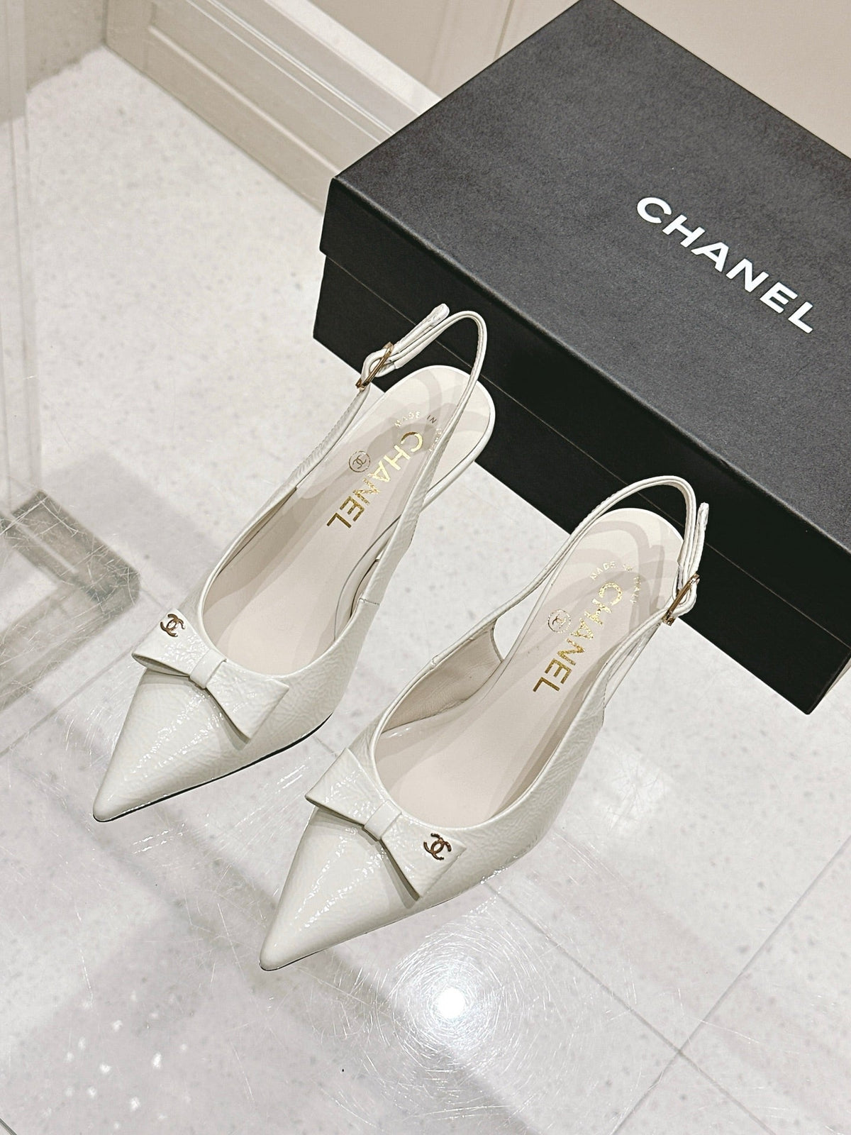Chanel 25A Slingback White Patent Calfskin 393072