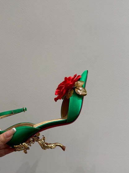 CC 25 Flower Rose Pumps Green Silk 337165