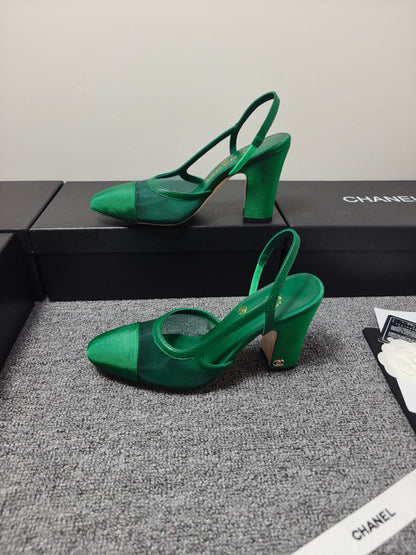 CC 26s Slingback 9.5cm Green Mesh Fabric Sheepskin 681987