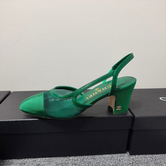 CC 26s Slingback 6.5cm Green Mesh Fabric Sheepskin 681993
