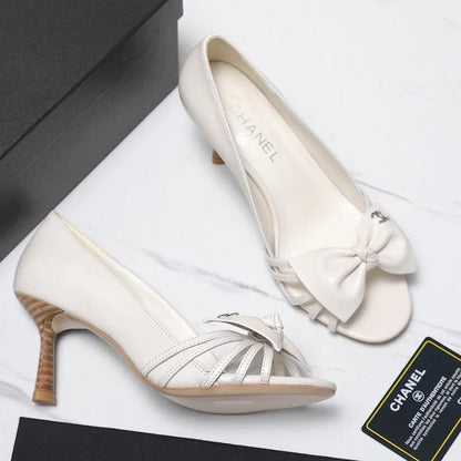 Chanel 2026 Bow Strappy High-Heeled Peep Toe Sandals White Cowhide 758431