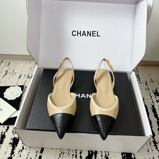 CC Slingback Pointed Beige Black Leather 628300