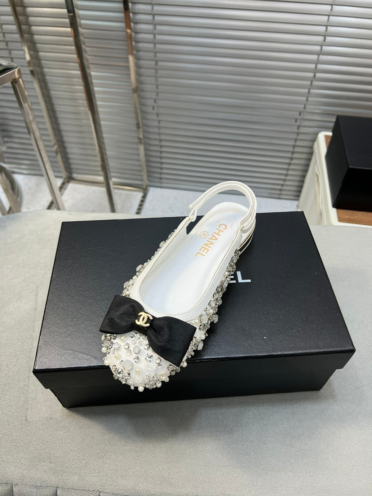slingbacks flat white bowl silk diamond buckle