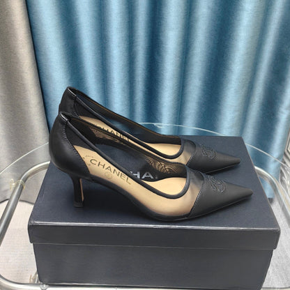 CC Pumps 50 Black Mesh Leather Pointed Toe