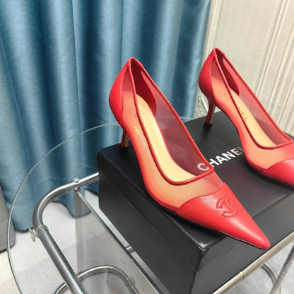 CC Pumps 50 Red Mesh Leather Pointed Toe