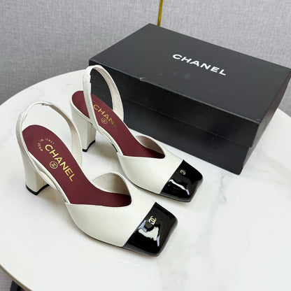 CC 25FW Square Toe Slingback Black White Sheepskin Patent Leather 541132