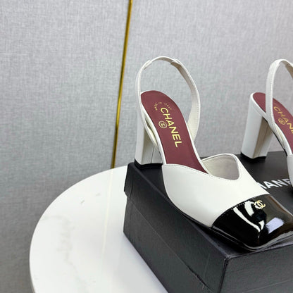 CC 25FW Square Toe Slingback Black White Sheepskin Patent Leather 541132