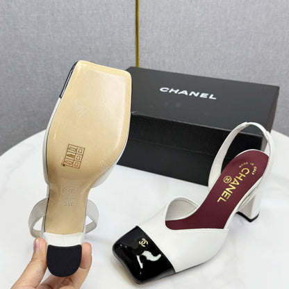 CC 25FW Square Toe Slingback Black White Sheepskin Patent Leather 541132