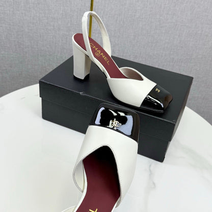 CC 25FW Square Toe Slingback Black White Sheepskin Patent Leather 541132