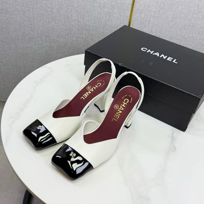 CC 25FW Square Toe Slingback Black White Sheepskin Patent Leather 541132