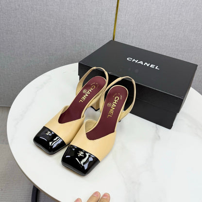 CC 25FW Square Toe Slingback White Beige Sheepskin Patent Leather 541135