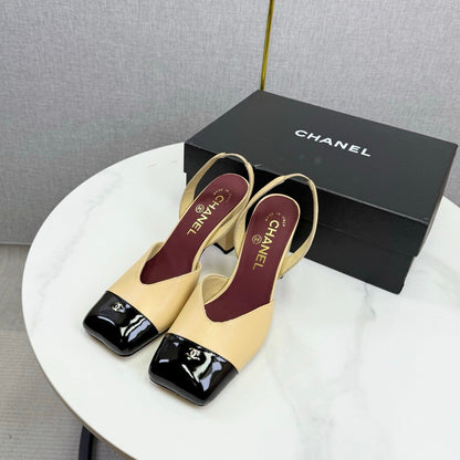 CC 25FW Square Toe Slingback White Beige Sheepskin Patent Leather 541135