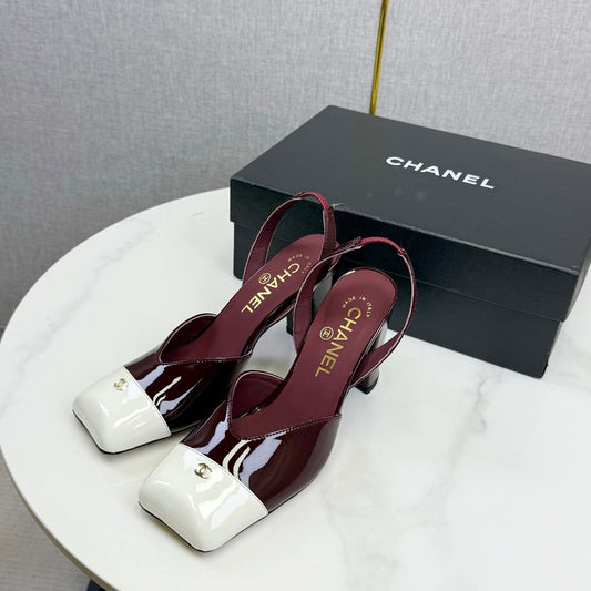 CC 25FW Square Toe Slingback White Dark Burgundy Patent Leather 541136