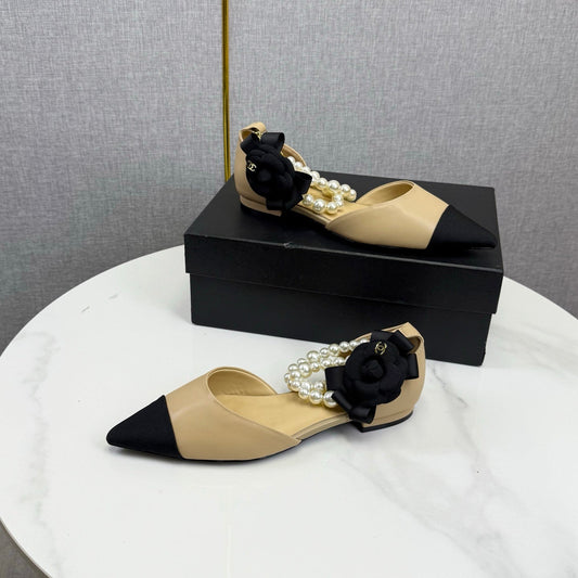 CC 25K New Pearl Chain Slingback Black Beige Sheepskin Fabric 541066