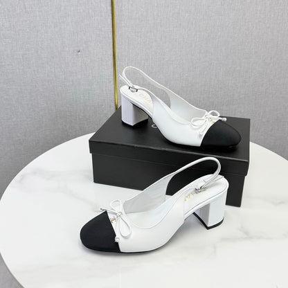 CC 26s Slingback Heels 4.5cm White Black Lambskin Fabric