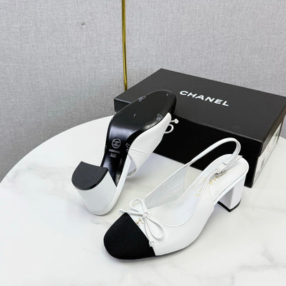 CC 26s Slingback Heels 4.5cm White Black Lambskin Fabric