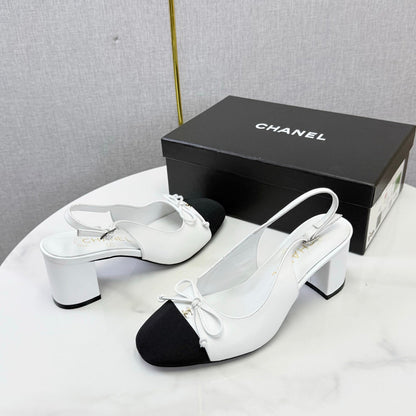 CC 26s Slingback Heels 4.5cm White Black Lambskin Fabric