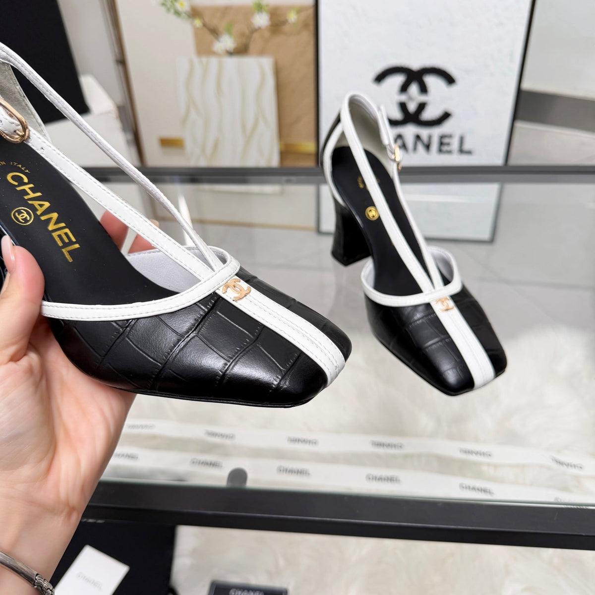 CC 26s Slingback Black White Embossed Leather 867507