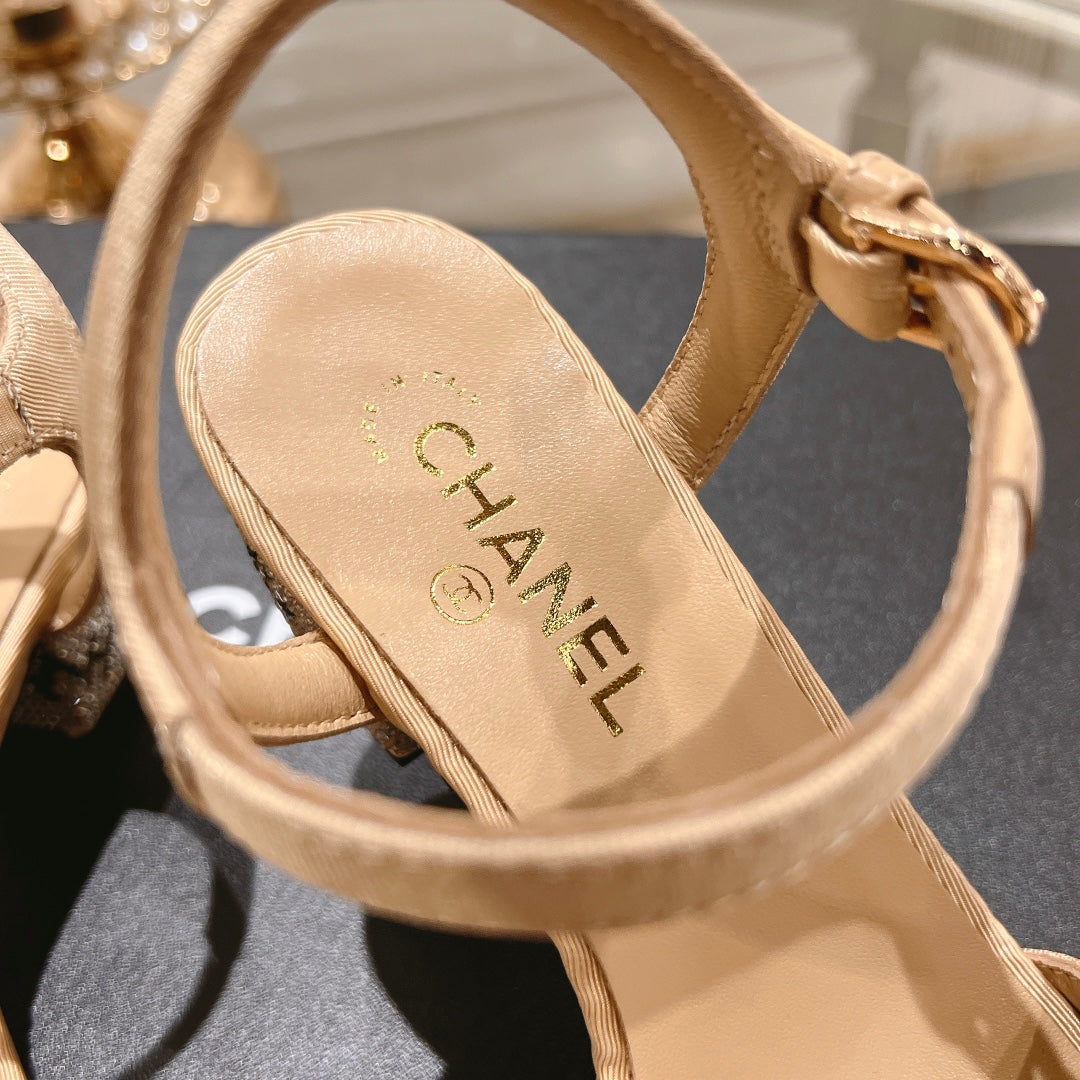 CC 25C 5CM Mid Heed Sandals Cream Fabric 213322