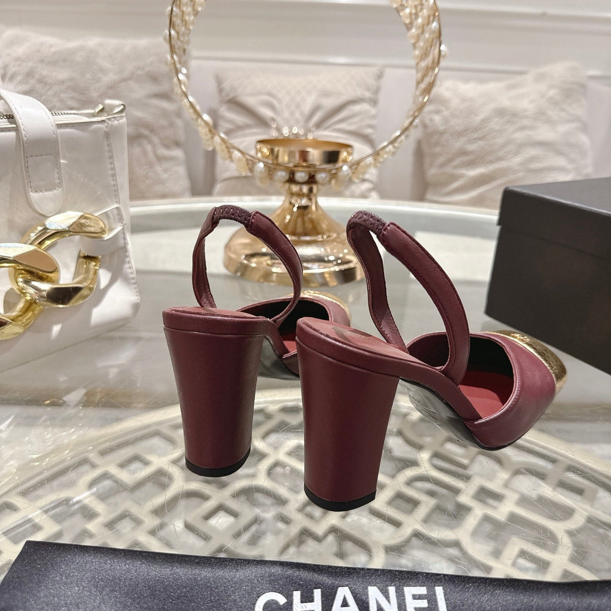 CC 26s Square-Toe High-Heeled Slingbacks 9cm Gold Burgundy Leather 736109