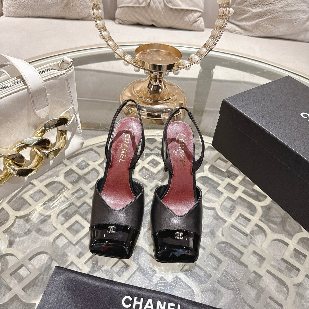 CC 26s Square-Toe High-Heeled Slingbacks 9cm Black Leather 736110