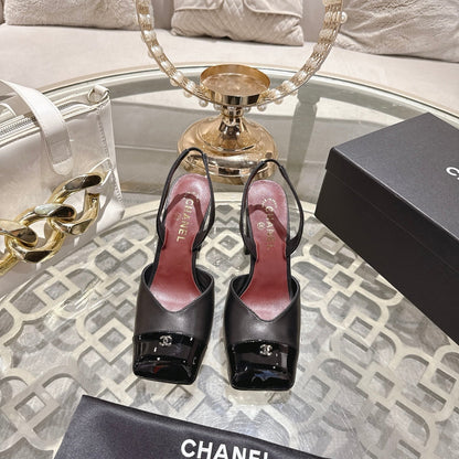 CC 26s Square-Toe High-Heeled Slingbacks 9cm Black Leather 736110