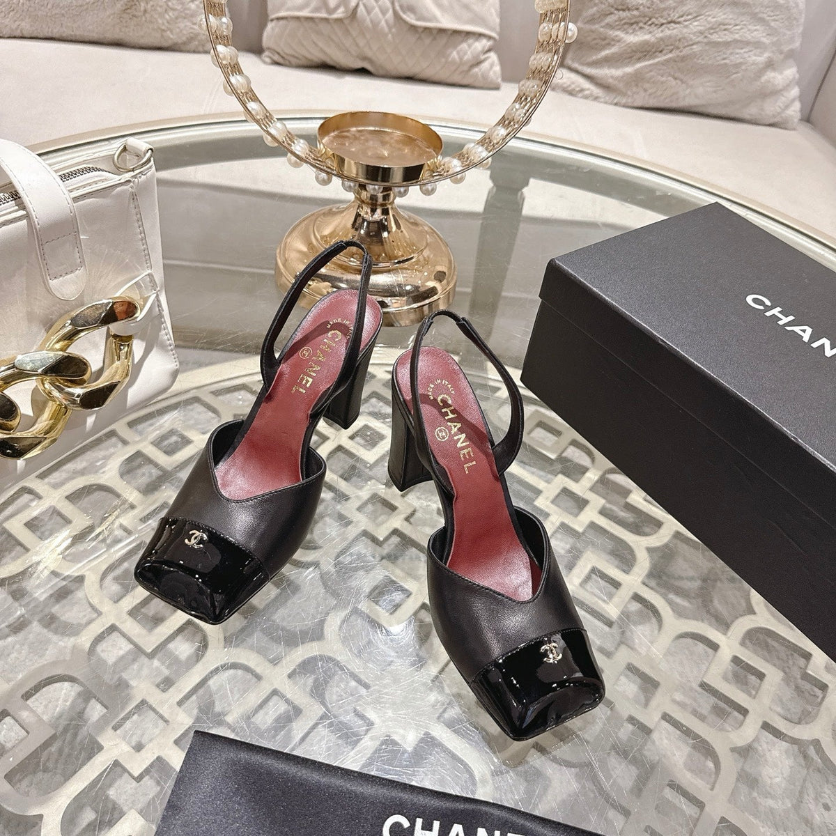 CC 26s Square-Toe High-Heeled Slingbacks 9cm Black Leather 736110