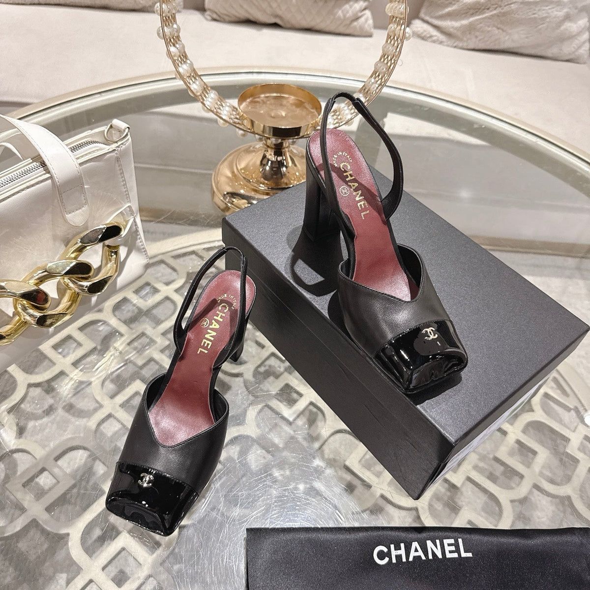 CC 26s Square-Toe High-Heeled Slingbacks 9cm Black Leather 736110