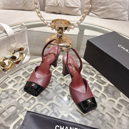 CC 26s Square-Toe High-Heeled Slingbacks 9cm Black Burgundy Leather