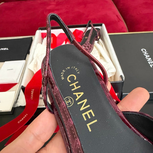 CC 26s Slingback Burgundy Black Glossy Crocodile Embossed Leather 901103