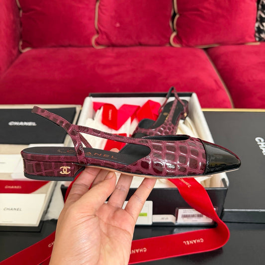 CC 26s Slingback Burgundy Black Glossy Crocodile Embossed Leather 901103
