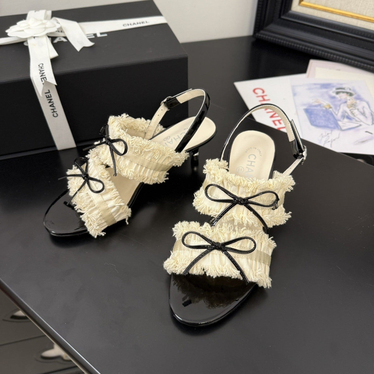 cc25 slingback sandal ̣65mm bow black grosgrain white canvas 233589