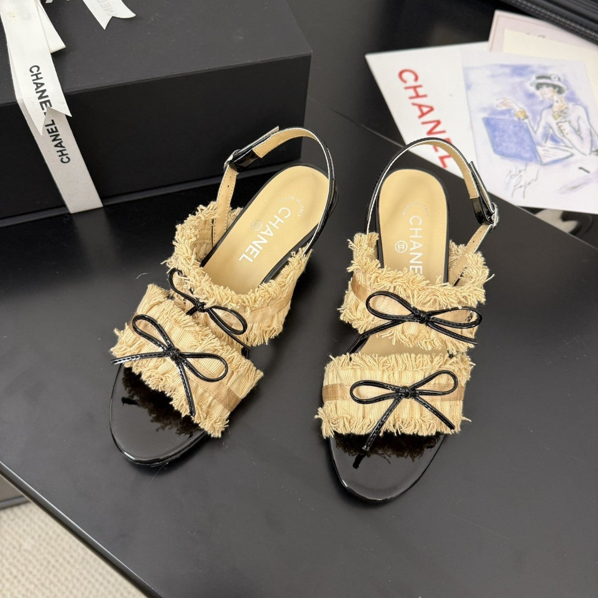 cc25 slingback sandal ̣65mm bow black grosgrain gold canvas 233590