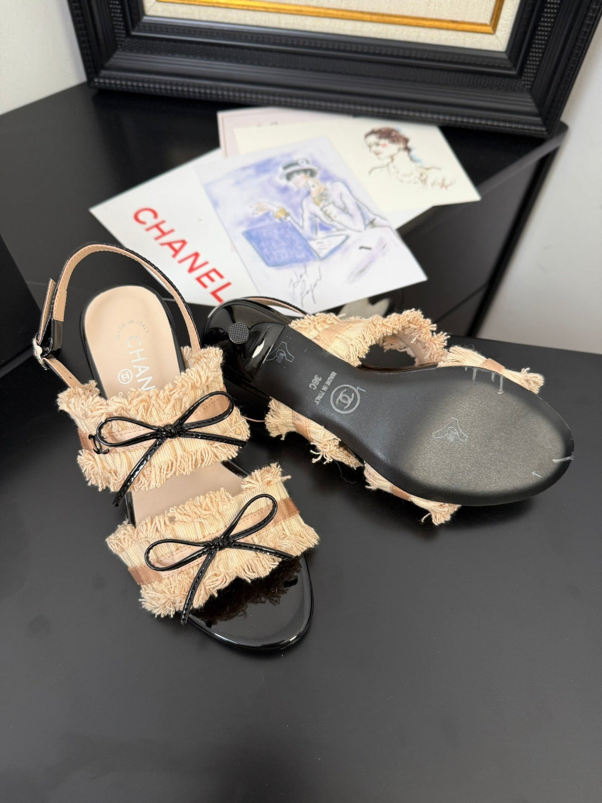 cc25 slingback sandal ̣65mm bow black grosgrain beige canvas 233591