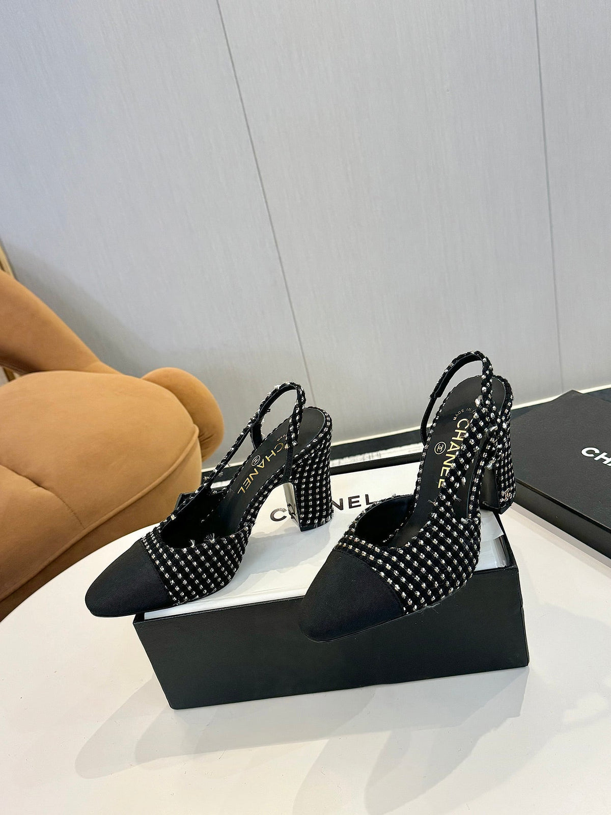 cc 25c slingback 90 black white tweed black grosgrain 233616