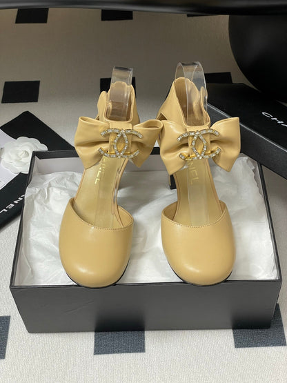 CC 25S Double C Rhinestone Buckle Bow High Heel Pump 85 Beige Sheepskin 247571