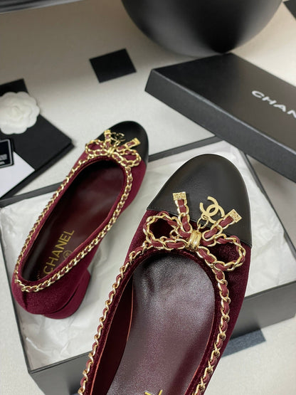 CC 25S 60mm Chain Bow Single Pumps Burgundy Velvet Black Sheepskin 247661