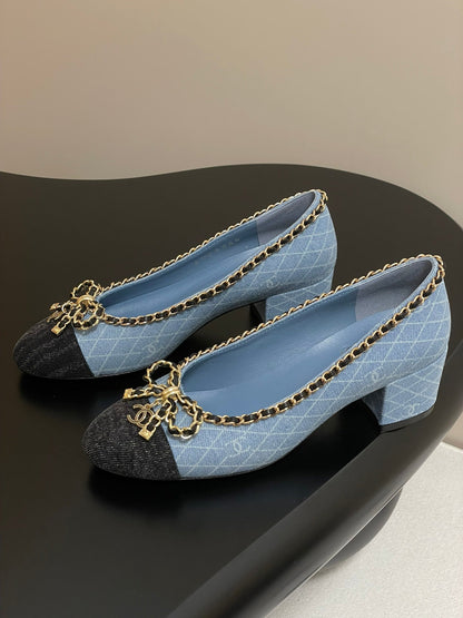 CC 25S 60mm Chain Bow Single Pumps Blue Denim Black Grosgrain 247665