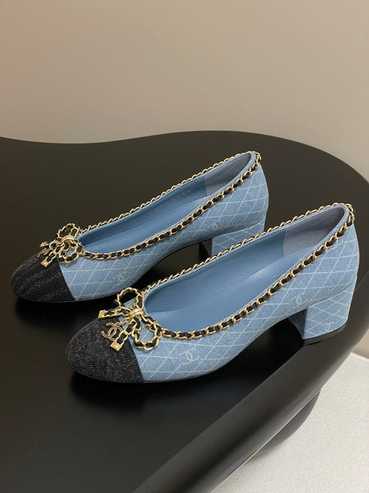 CC 25S 60mm Chain Bow Single Pumps Blue Denim Black Grosgrain 247665