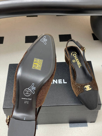 Chanel 25 Slingback Black Brown Lambskin Fabric 473210