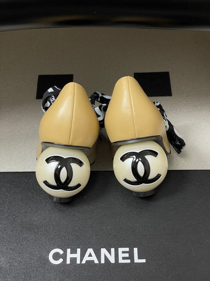 CC 26 Double C Pearl Heel Pump With Silk Ribbon Beige Sheepskin 593156