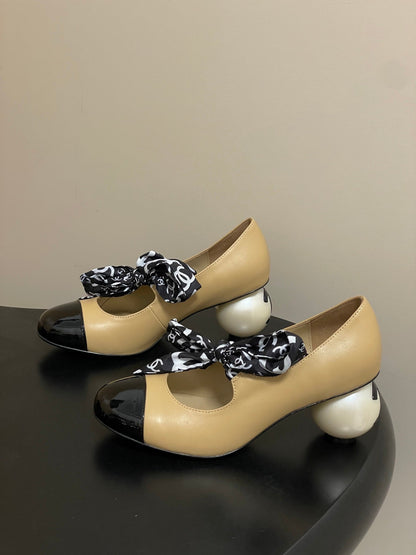 CC 26 Double C Pearl Heel Pump With Silk Ribbon Beige Sheepskin 593156