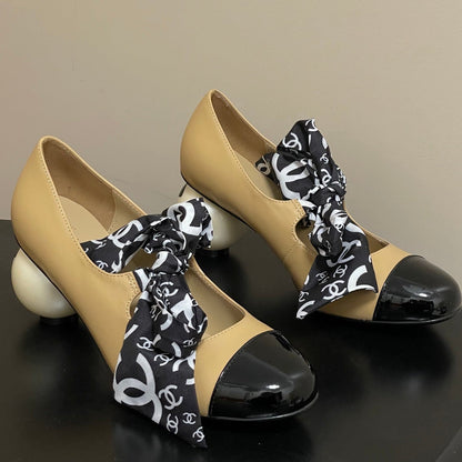CC 26 Double C Pearl Heel Pump With Silk Ribbon Beige Sheepskin 593156