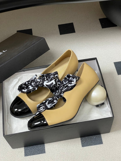 CC 26 Double C Pearl Heel Pump With Silk Ribbon Beige Sheepskin 593156