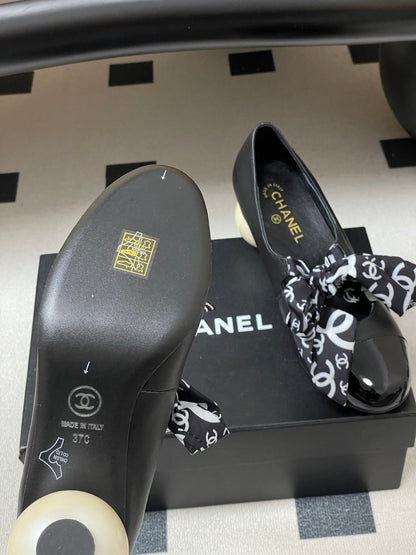 CC 26 Double C Pearl Heel Pump With Silk Ribbon Black Sheepskin 593158