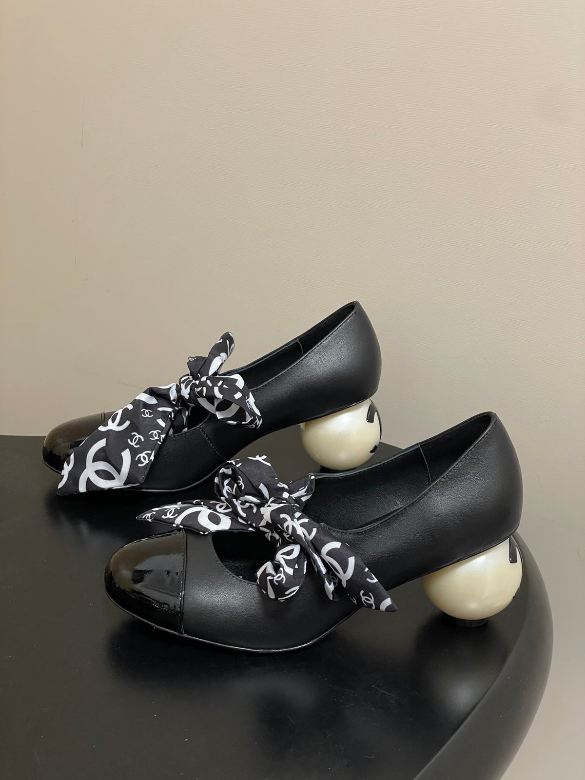 CC 26 Double C Pearl Heel Pump With Silk Ribbon Black Sheepskin 593158