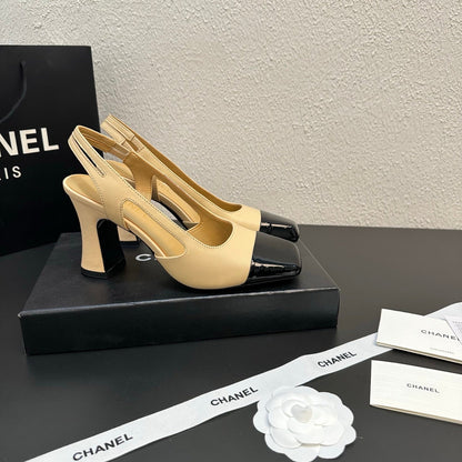 CC Slingback Block Heel Beige Black Leather 864113