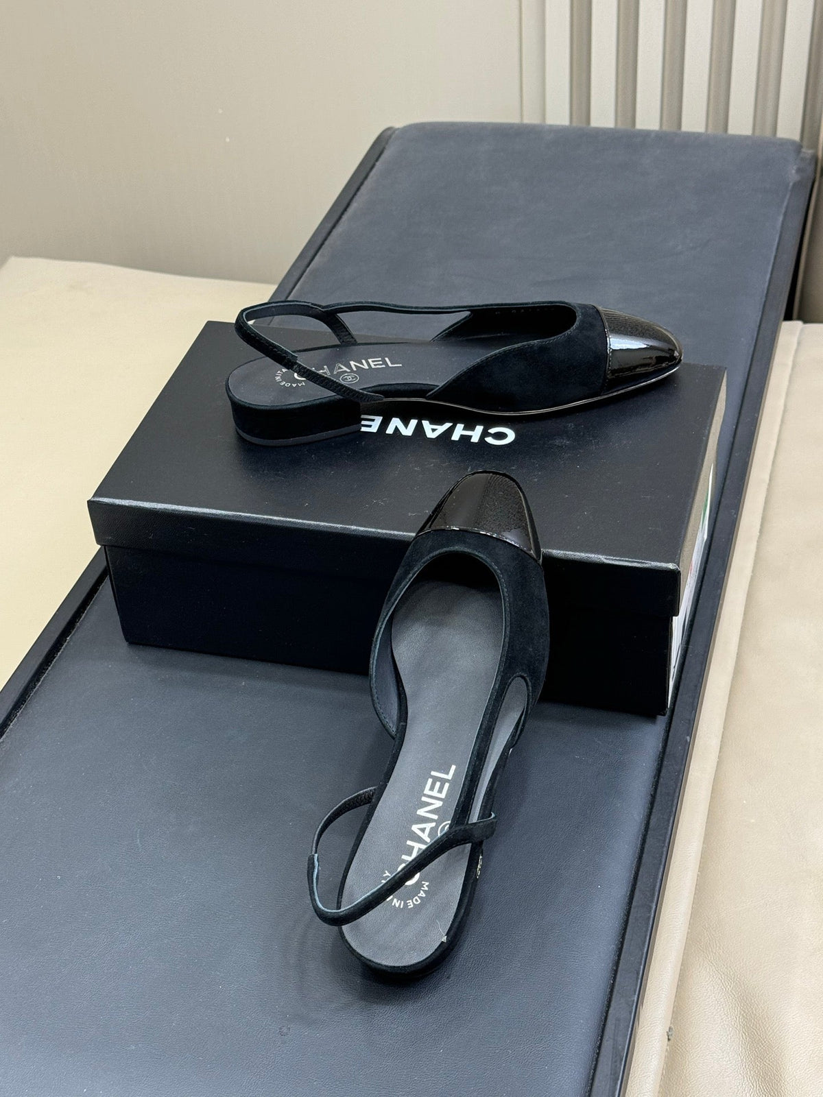 CC Classic Slingback Black Suede Mix Black Patent Calfskin 282285
