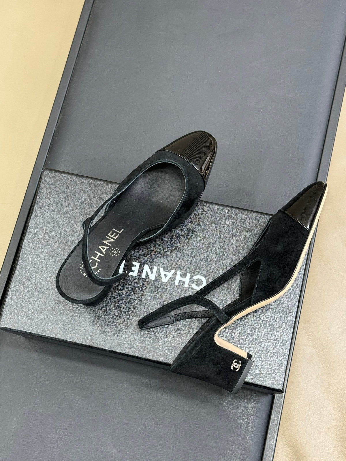 CC Classic Slingback Black Suede Mix Black Patent Calfskin 282285