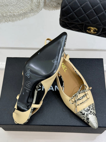 CC 25C Bowknot Slingback Sandal 60mm Beige Sheepskin Mix Python Pattern 265653